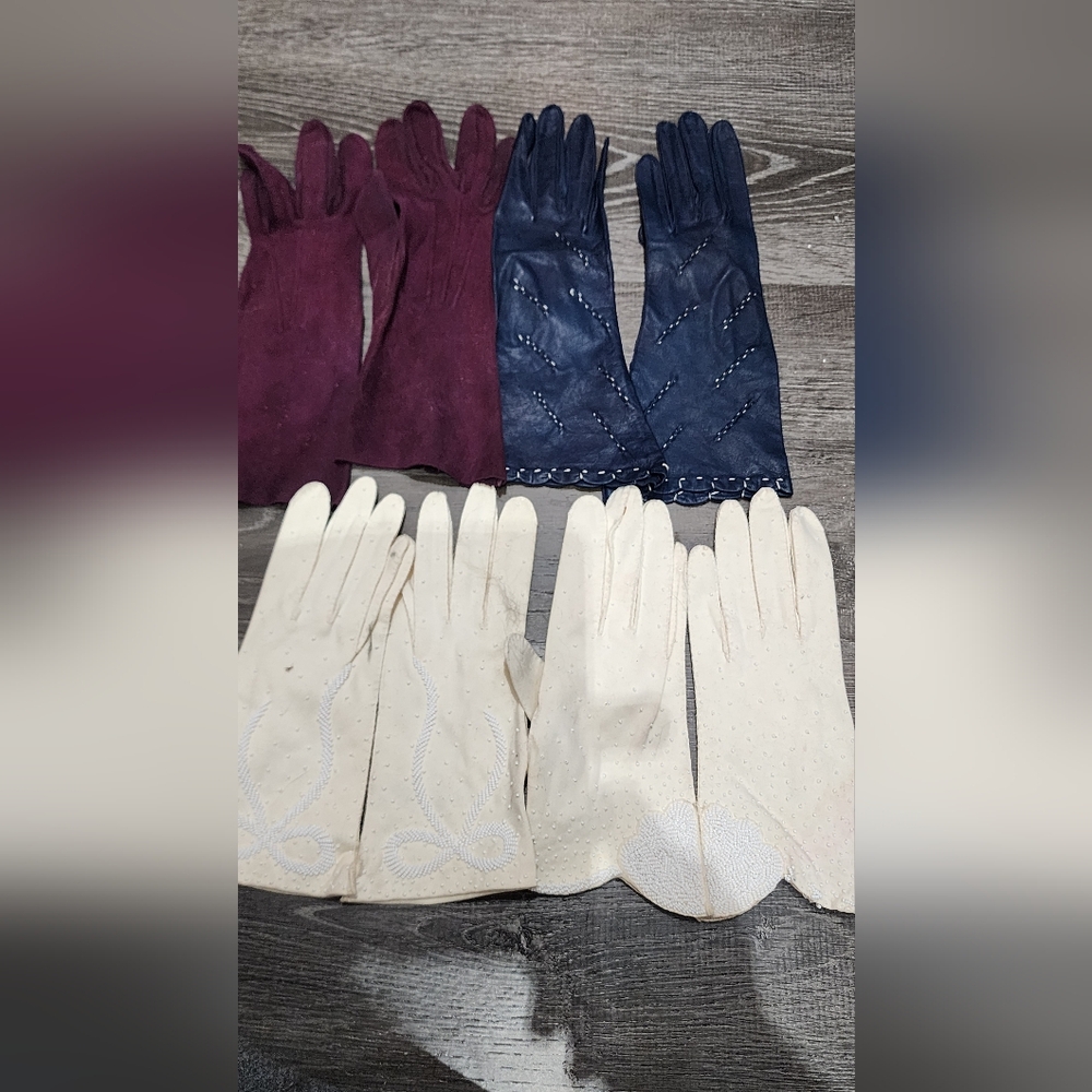 Vintage 4 Pair Elegant Gloves Set - Leather, Fabric And 2 Set White Beaded.